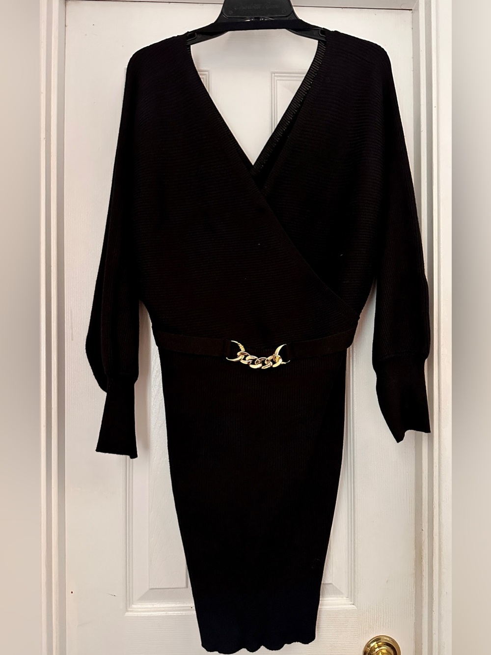 Black Rosie Harlow Ribbed Wrap Dress with Gold Chain Detail
